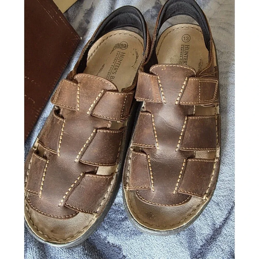 Hunter's Bay Sandals Shoes Mens Size 13 Brown Leather Hook Loop Casual